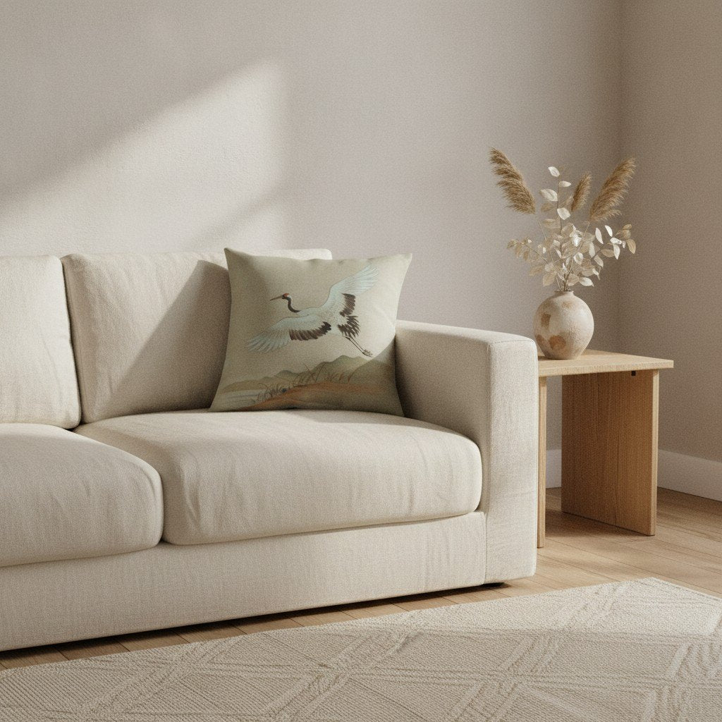 Crane cushion on a cream sofa
