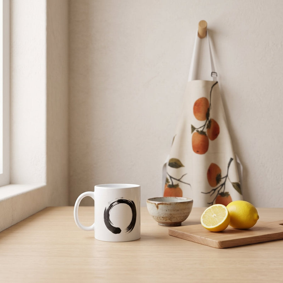 Ensō ceramic mug on an oak counter, Persimmon apron behind