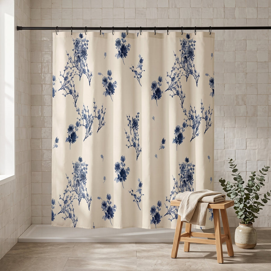 Indigo Bloom Shower Curtain — Calm & Oak, styled in a Japandi room