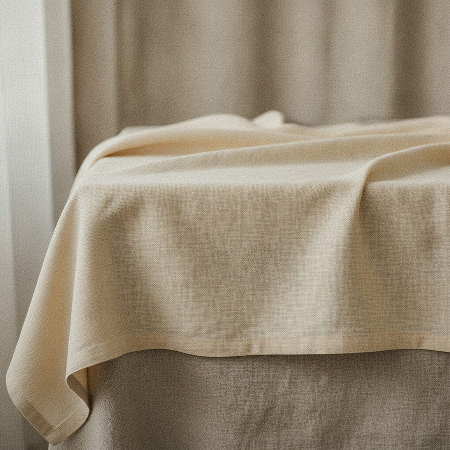 Indigo Bloom Tablecloth, Warm Cream Linen-Look Cotton Tablecloth — styled 1
