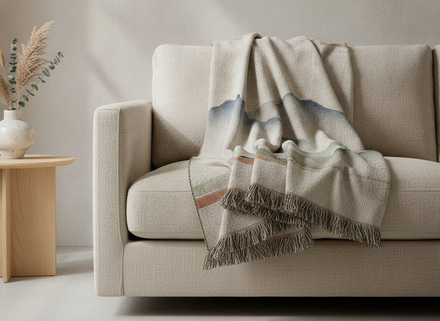 Misty Mountains Woven Throw, Soft Sage — styled 1