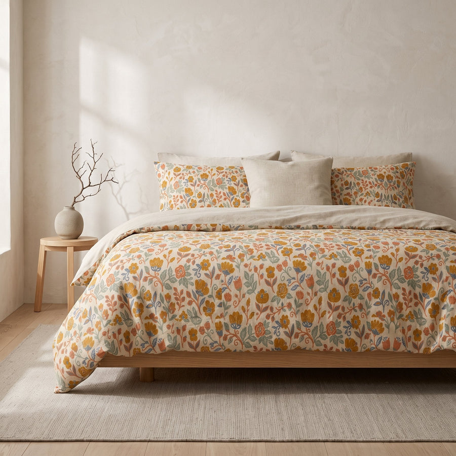 Nordic Folk Cotton Duvet Cover — Calm & Oak, styled in a Japandi room