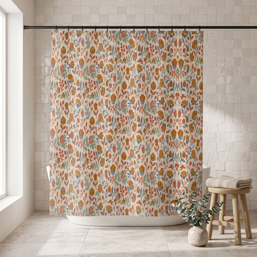 Nordic Folk Shower Curtain — Calm & Oak, styled in a Japandi room