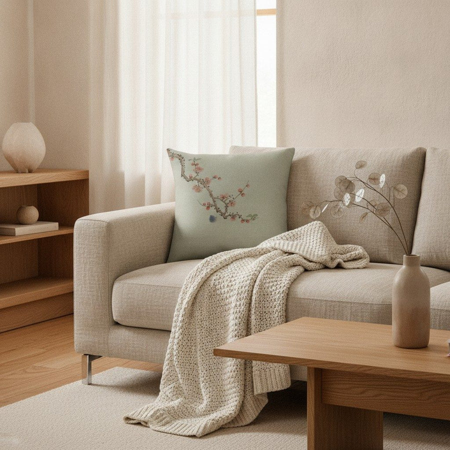 Plum Blossom Cushion, Soft Sage — styled 1
