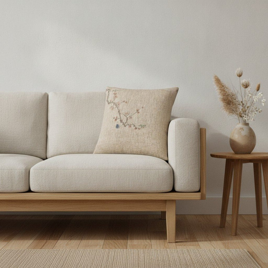 Plum Blossom Woven Cushion, Natural Linen — styled 1