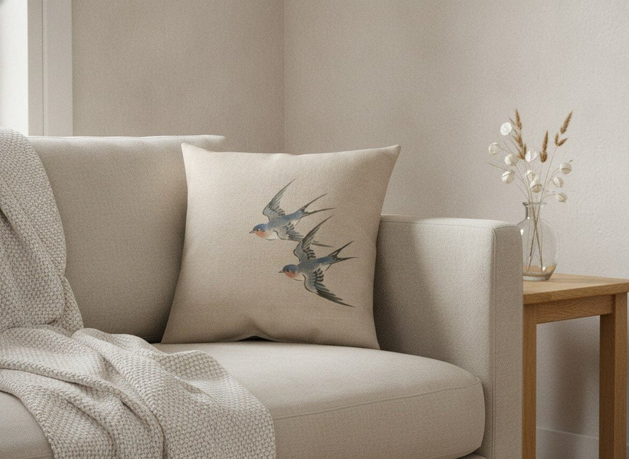 Swallows Cushion, Natural Linen — styled, 1