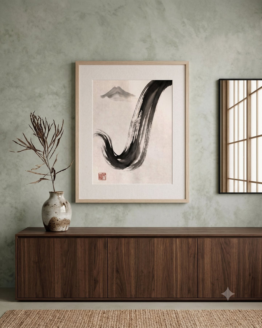 Mountain Stream — Japandi print in a room, scene 1