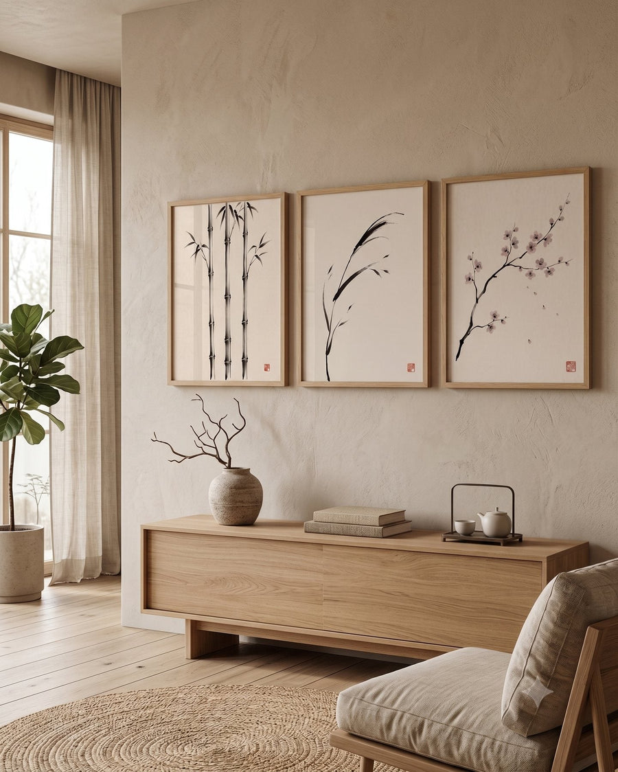 Sumi-e Botanical — Gallery Set of 3 in a room, scene 1