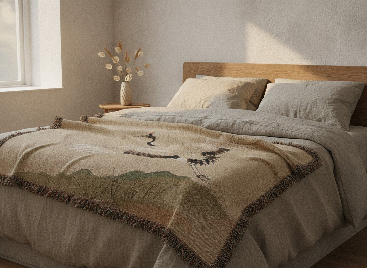 crane at dawn woven throw warm clay