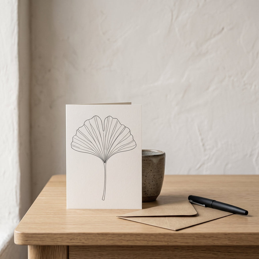Ginkgo Greeting Cards on a Japandi writing desk — Japandi Greeting Cards by Calm & Oak