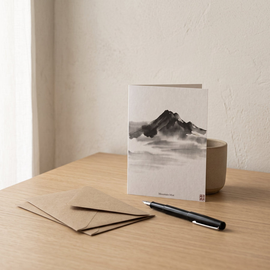 Mountain Mist Greeting Cards on a Japandi writing desk — Japandi Greeting Cards by Calm & Oak