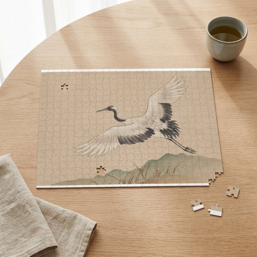 Crane at Dawn Jigsaw Puzzle in a Japandi room — Japandi Jigsaw Puzzle by Calm & Oak