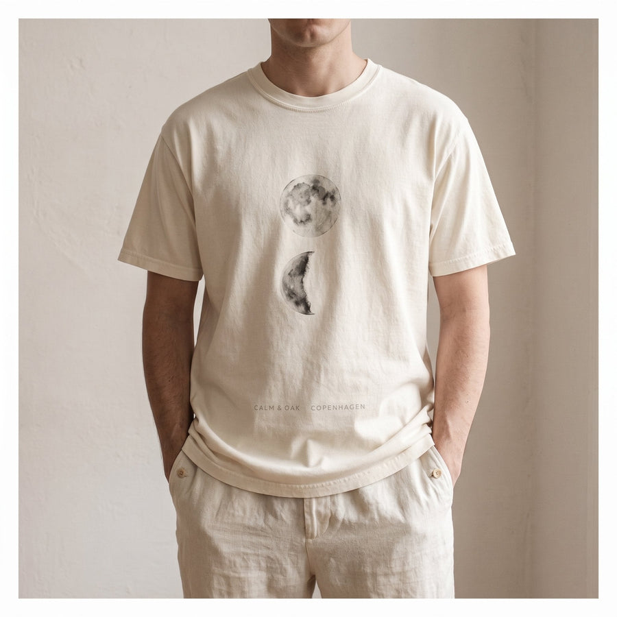 Moon Cycle Ink Tee in a Japandi room — Japandi Tee by Calm & Oak