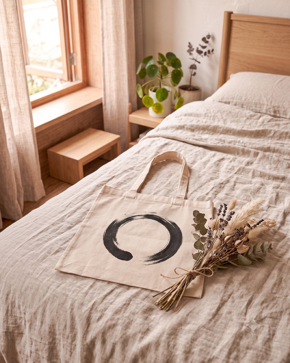 Ensō canvas tote on a linen bed