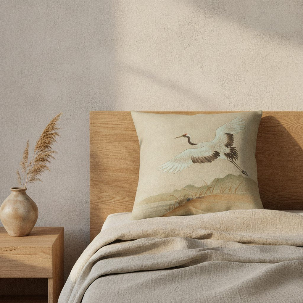Crane cushion in sage on a linen bed