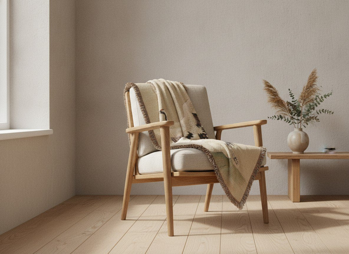 Crane woven throw over an oak armchair