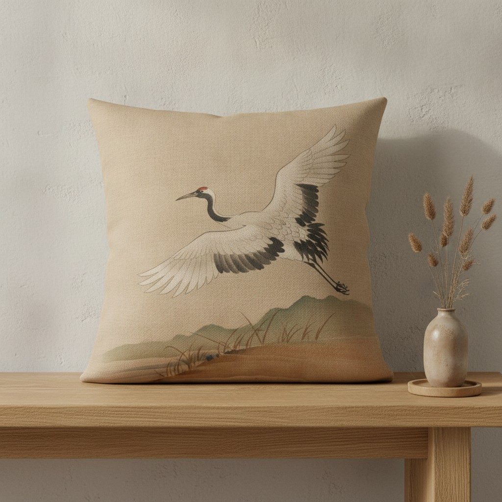 Crane Cushion, Natural Linen — styled 2