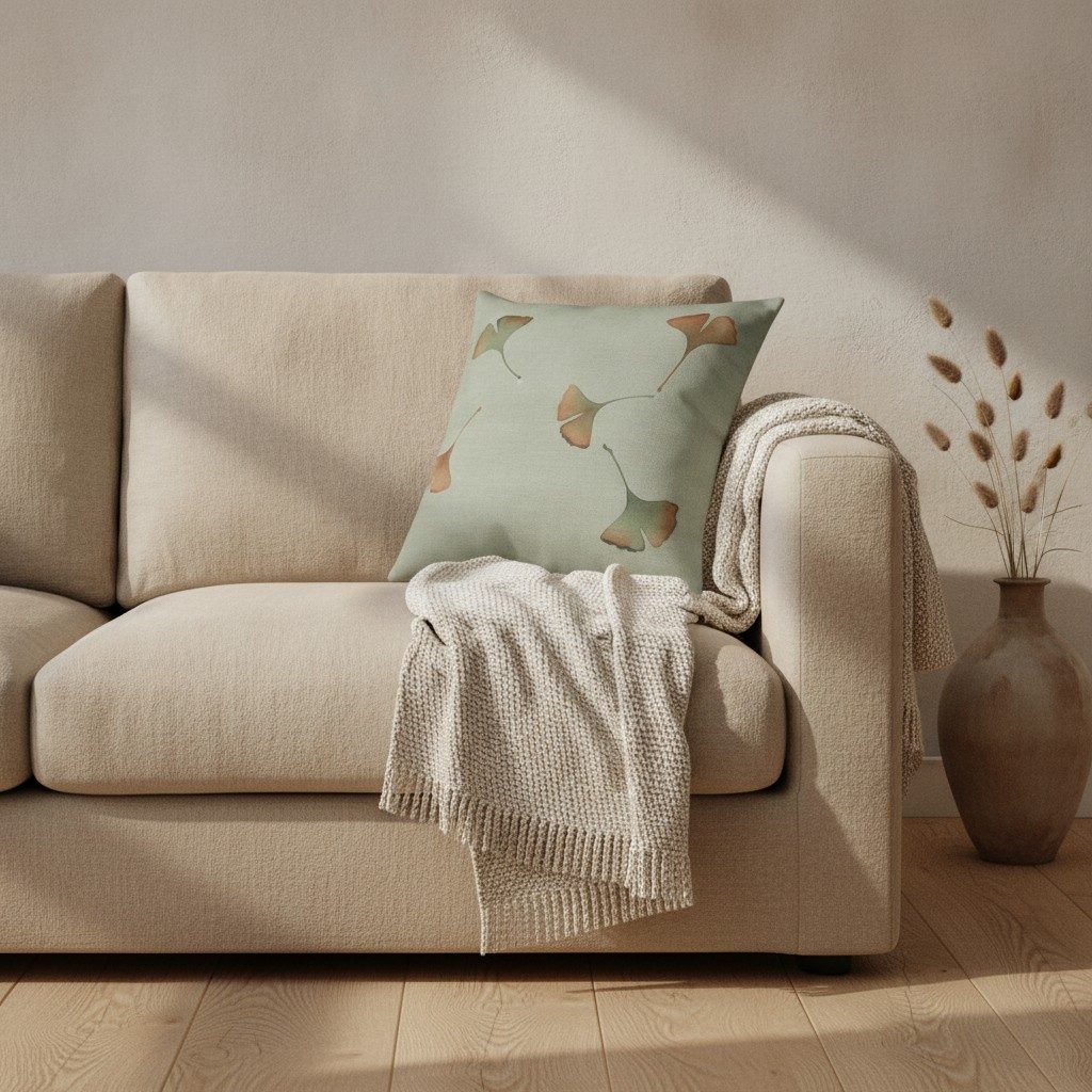 Ginkgo Cushion, Soft Sage — styled 1