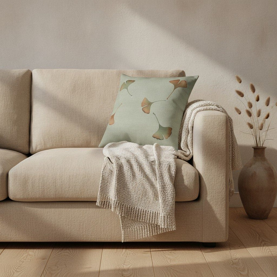 Ginkgo Cushion, Soft Sage — styled 1