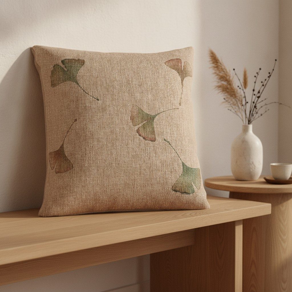 Ginkgo Woven Cushion, Warm Clay — styled 2