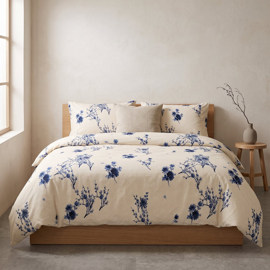 Indigo Bloom Cotton Duvet Cover — Calm & Oak, styled in a Japandi room