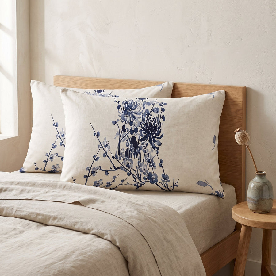 Indigo Bloom Cotton Pillow Sham — Calm & Oak, styled in a Japandi room