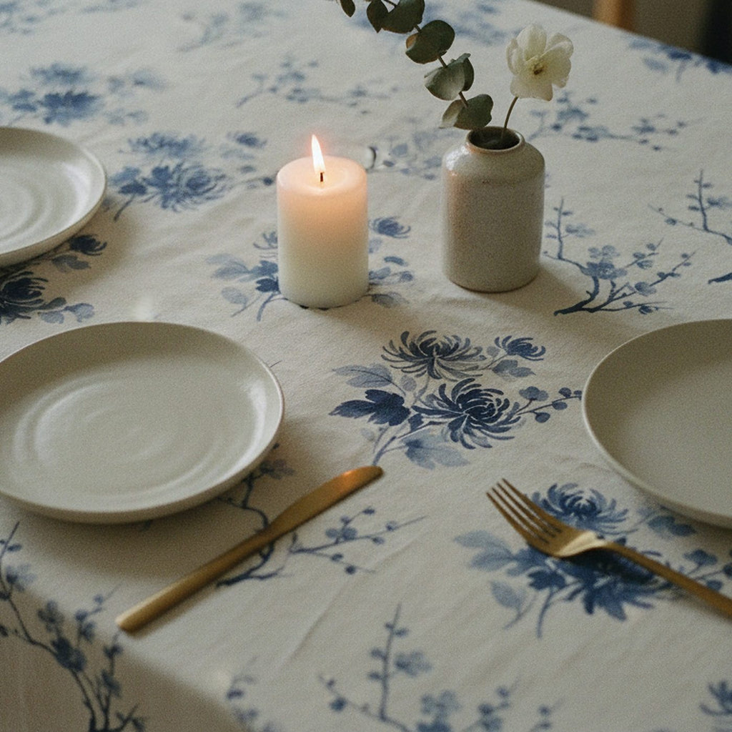Indigo Bloom Tablecloth — styled 1