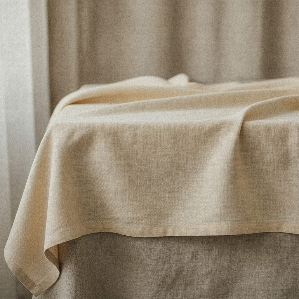 Indigo Bloom Tablecloth, Warm Cream Linen-Look Cotton Tablecloth — styled 1