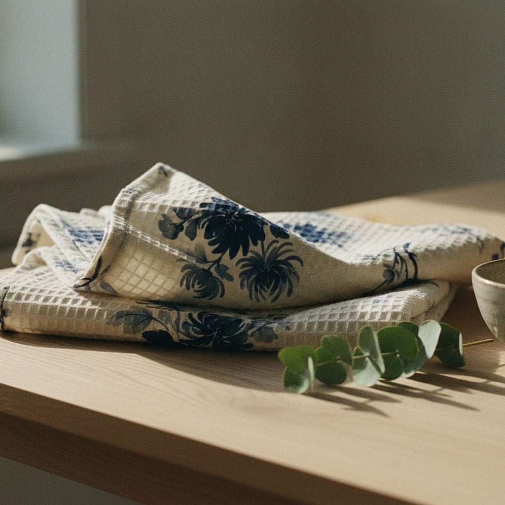 Indigo Bloom Tea Towel — styled 2