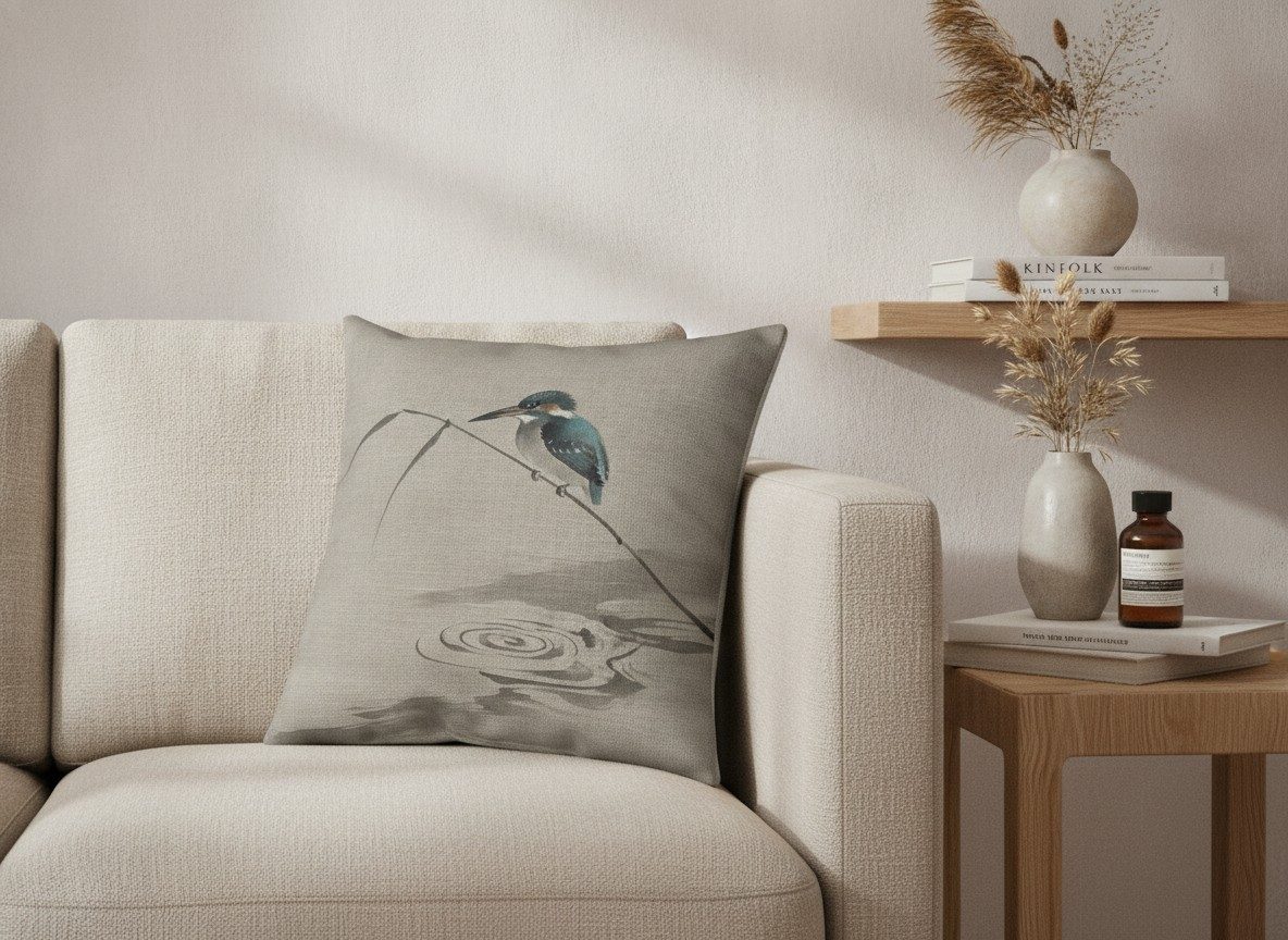 Kingfisher Cushion, Natural Linen — styled 1