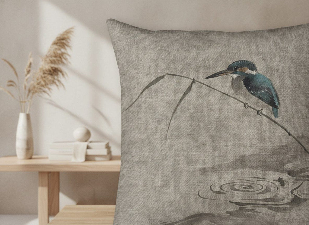Kingfisher Cushion, Natural Linen — styled 2
