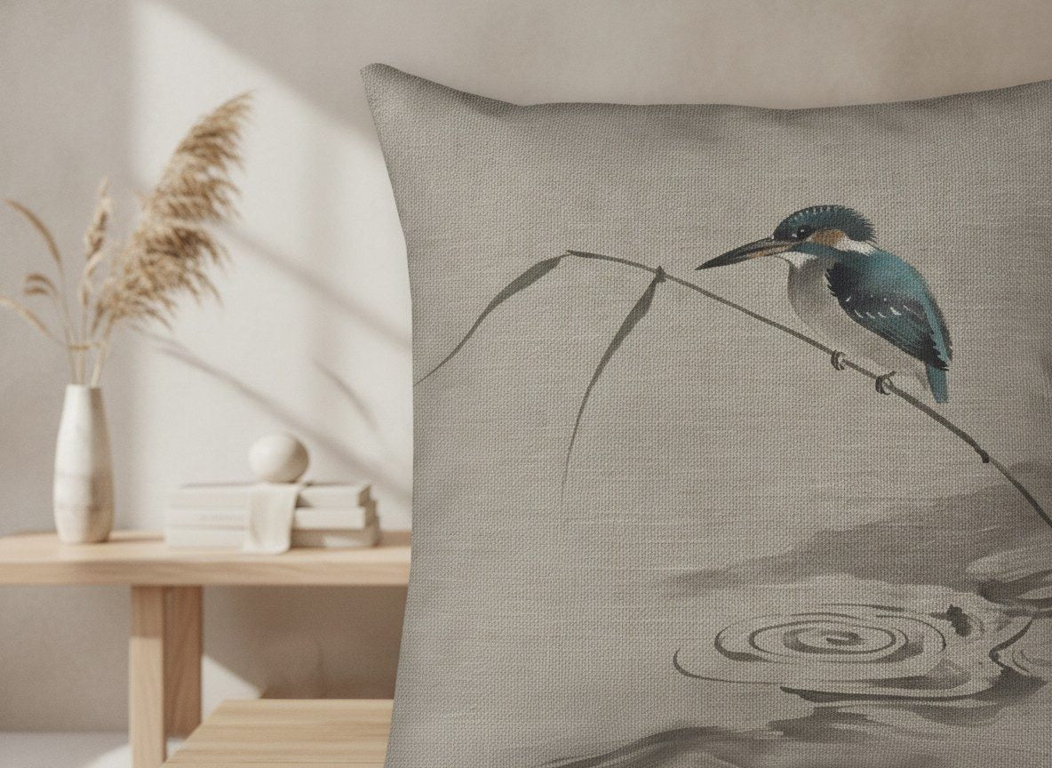 Kingfisher Cushion, Natural Linen — styled 2