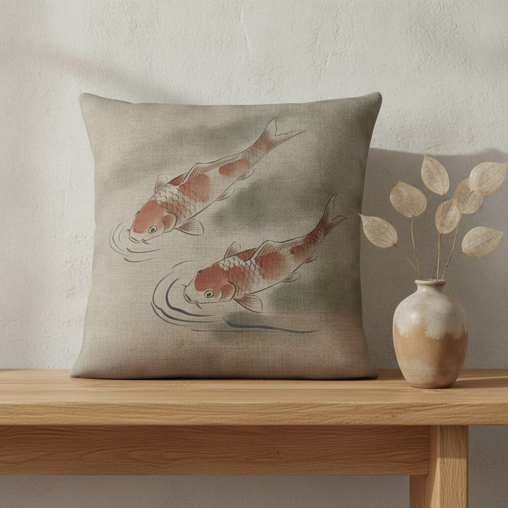 Koi Cushion, Natural Linen — styled 2