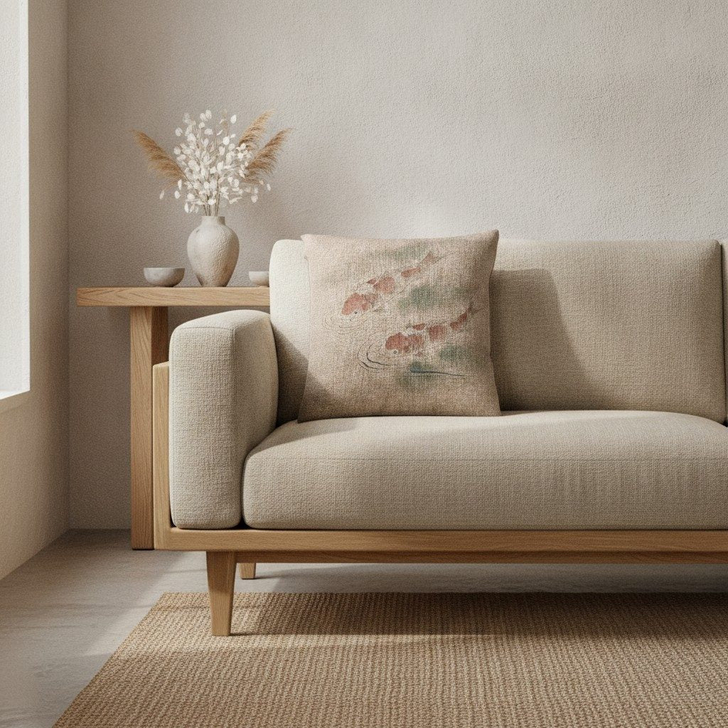 Koi Woven Cushion, Warm Clay — styled 1