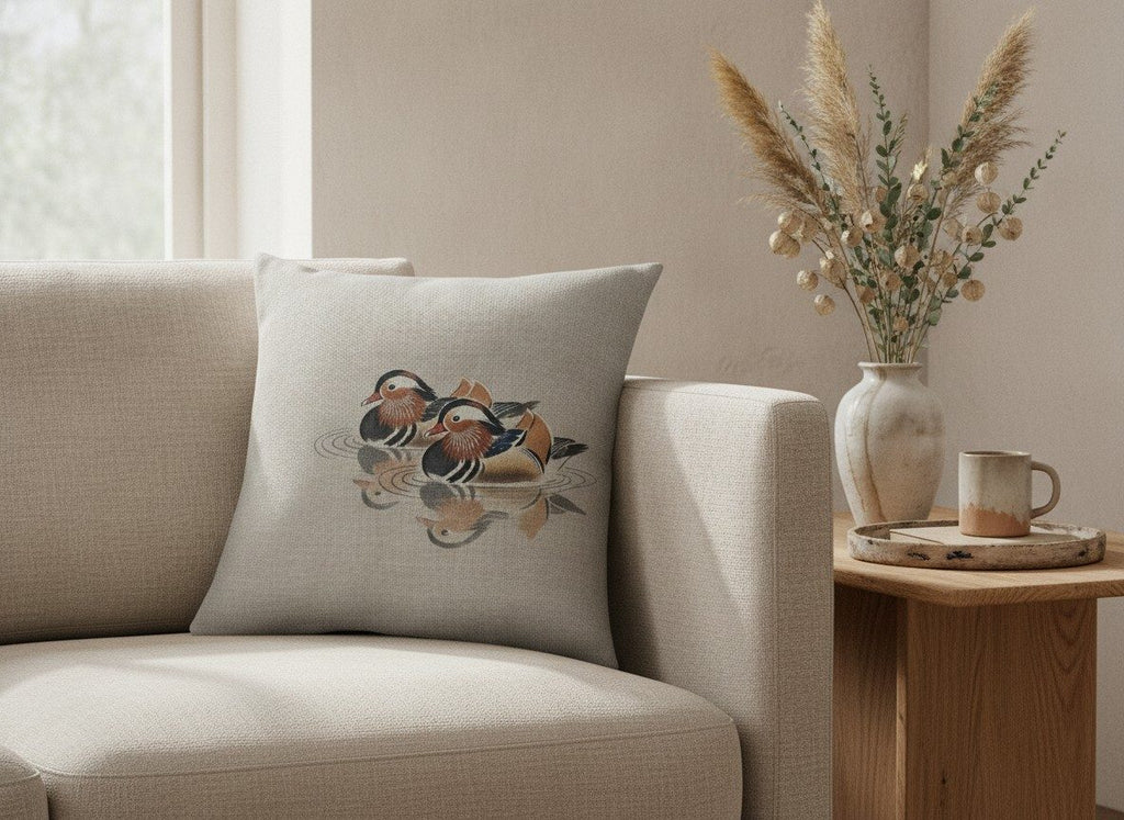 Mandarin Ducks Cushion, Natural Linen — styled 1
