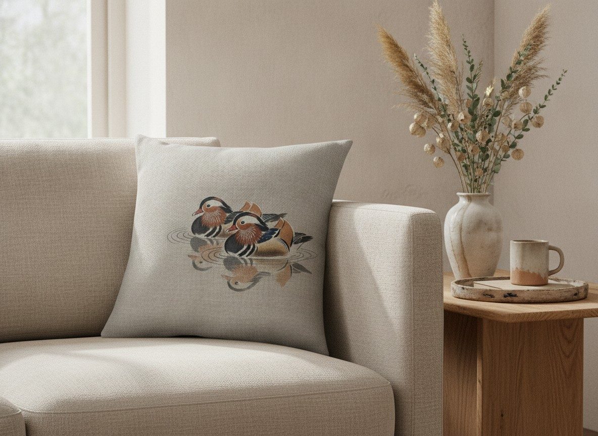 Mandarin Ducks Cushion, Natural Linen — styled 1