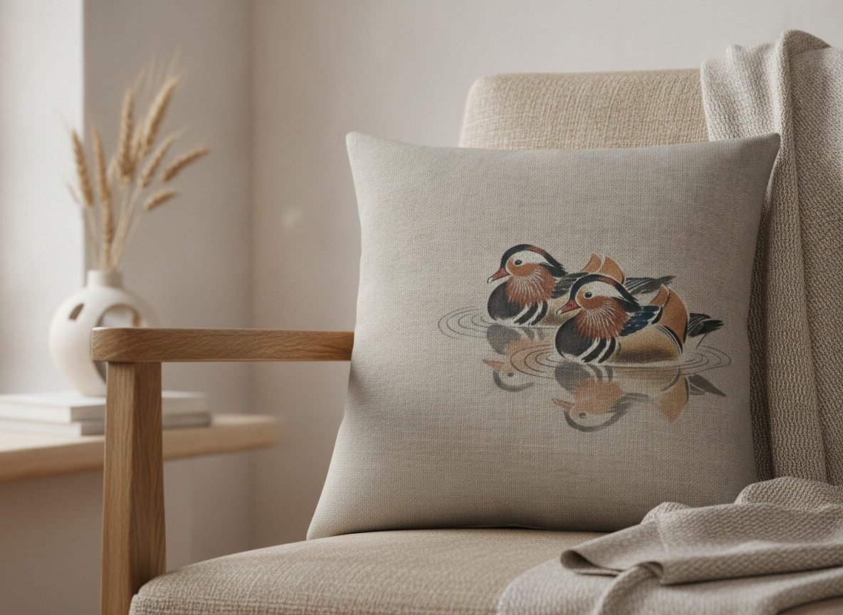 Mandarin Ducks Cushion, Natural Linen — styled 2