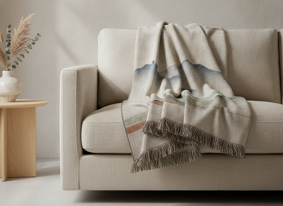 Misty Mountains Woven Throw, Soft Sage — styled 1