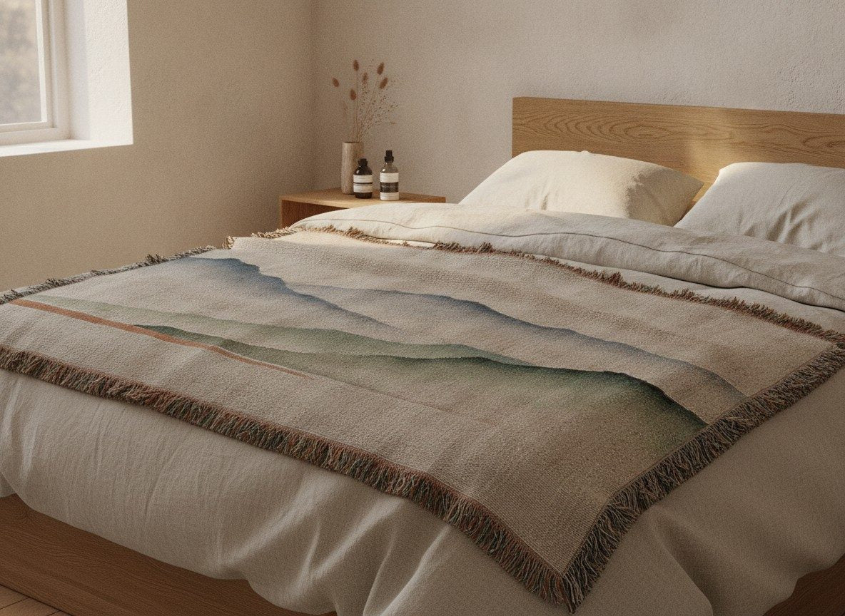 Misty Mountains Woven Throw, Soft Sage — styled 2