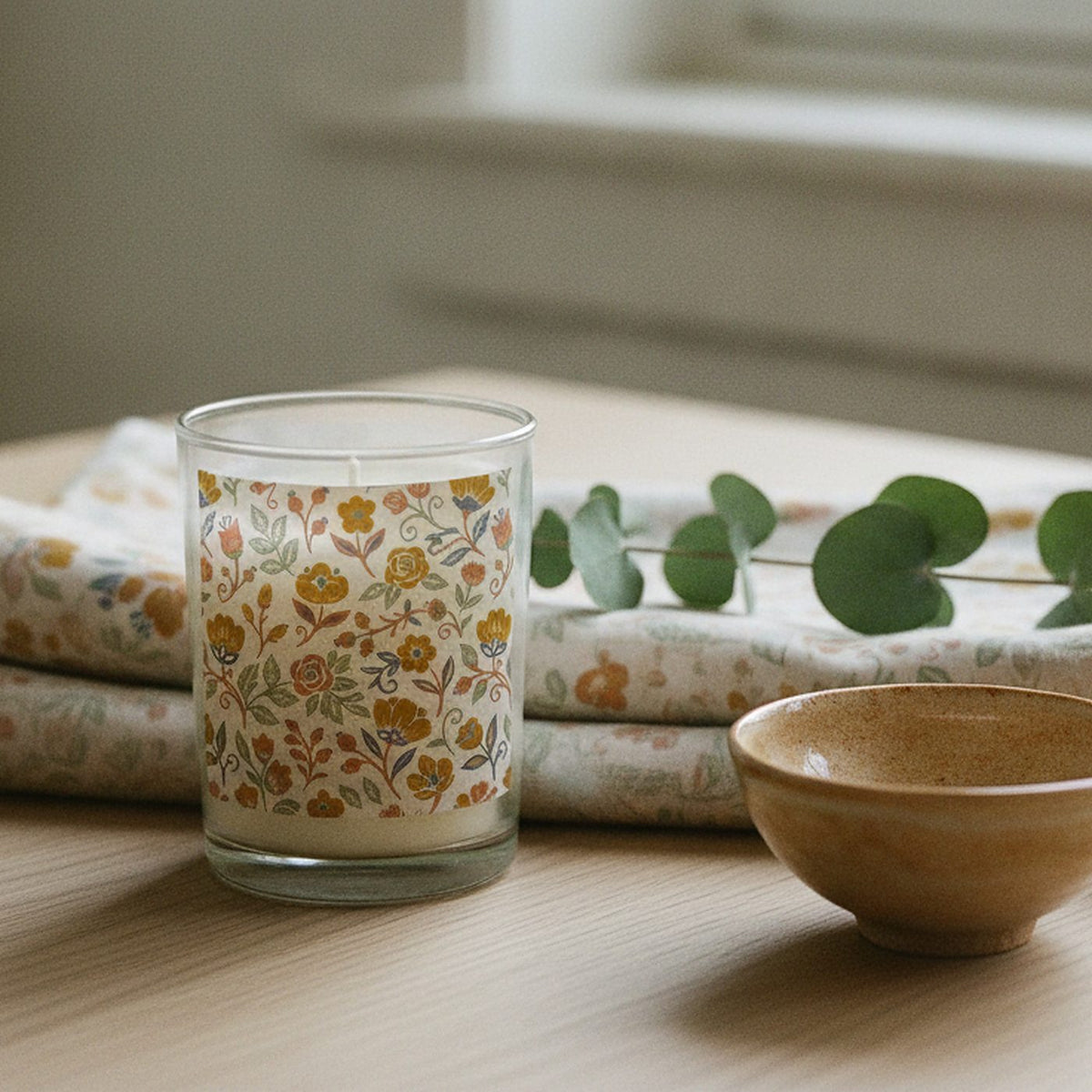 Nordic Folk Scented Candle, Folk Floral Glass Candle — styled 2