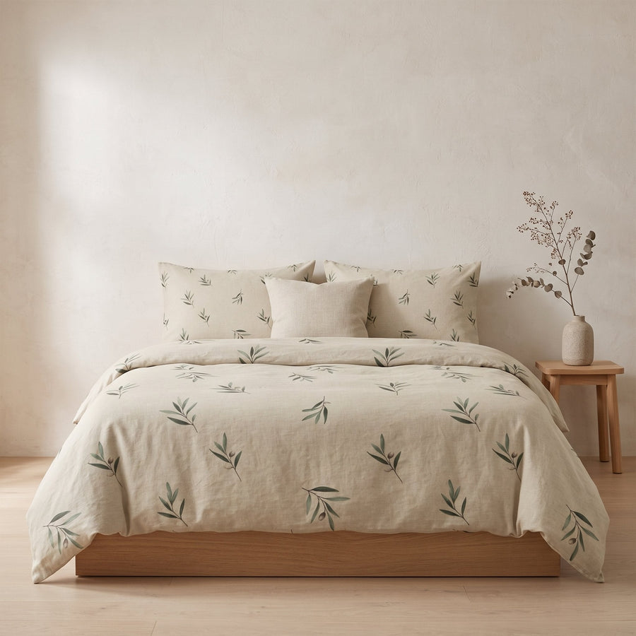 Olive Grove Cotton Duvet Cover — Calm & Oak, styled in a Japandi room