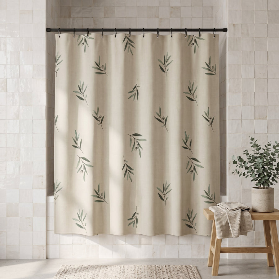 Olive Grove Shower Curtain — Calm & Oak, styled in a Japandi room