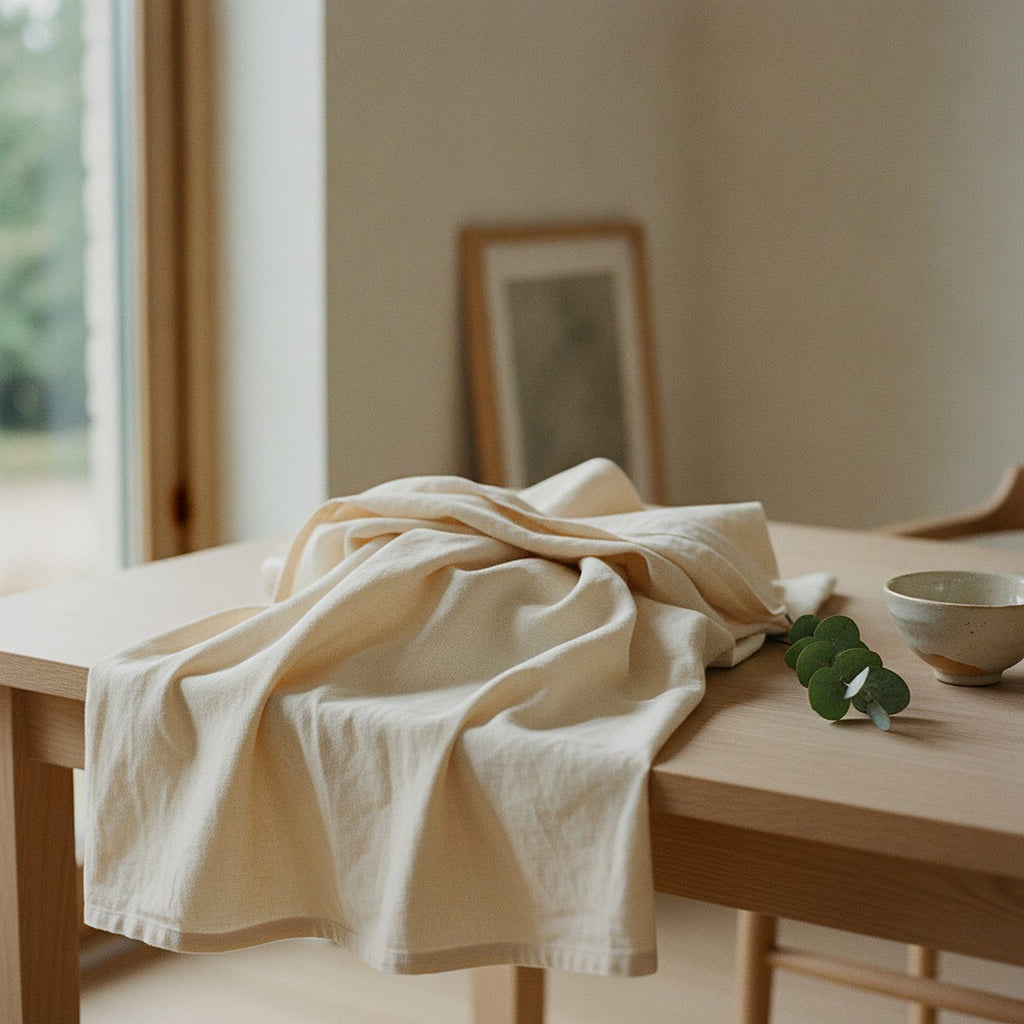 Olive Grove Tablecloth, Warm Cream Linen-Look Cotton Tablecloth — styled 2