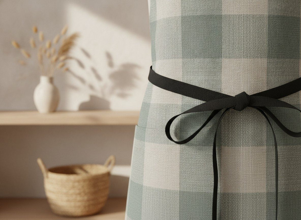 Organic Check Apron — styled 2