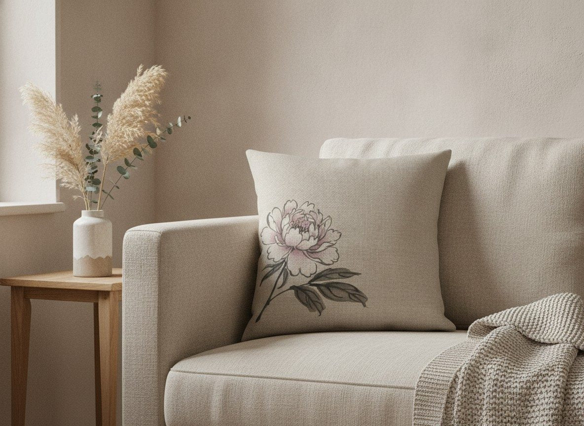 Peony Cushion, Natural Linen — styled 1