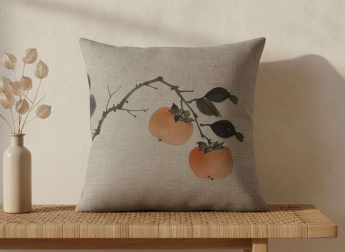 Persimmon Cushion, Natural Linen — styled 2
