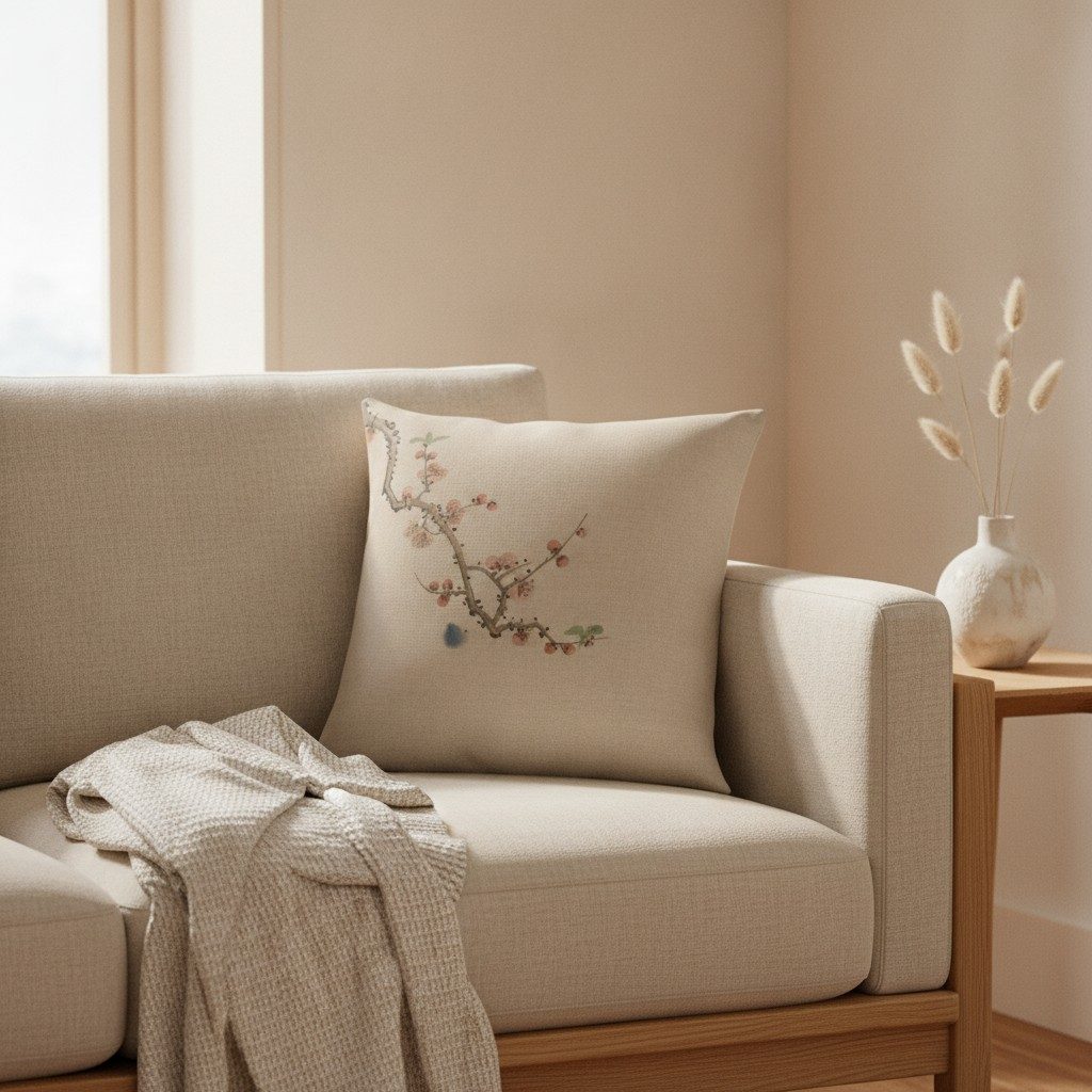 Plum Blossom Cushion, Natural Linen — styled 1