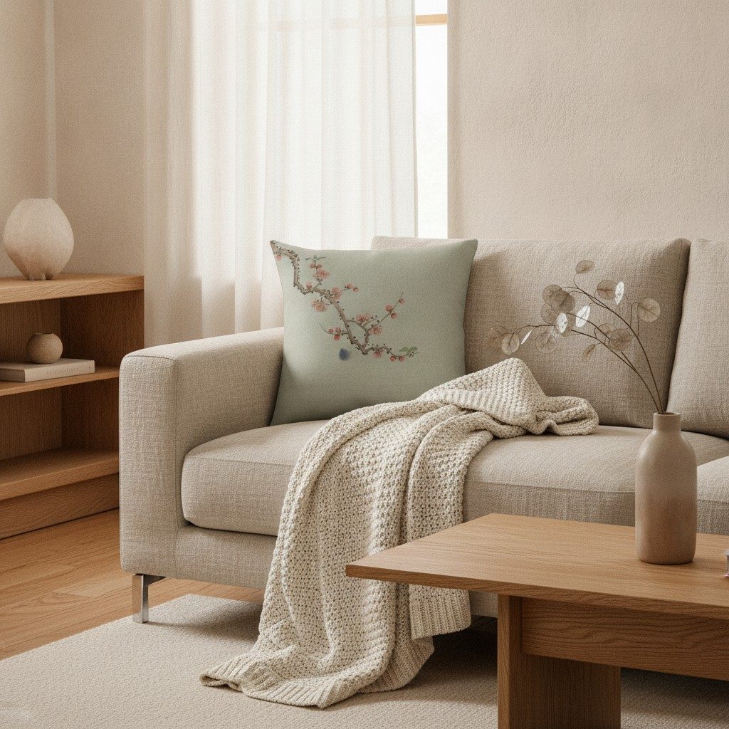 Plum Blossom Cushion, Soft Sage — styled 1