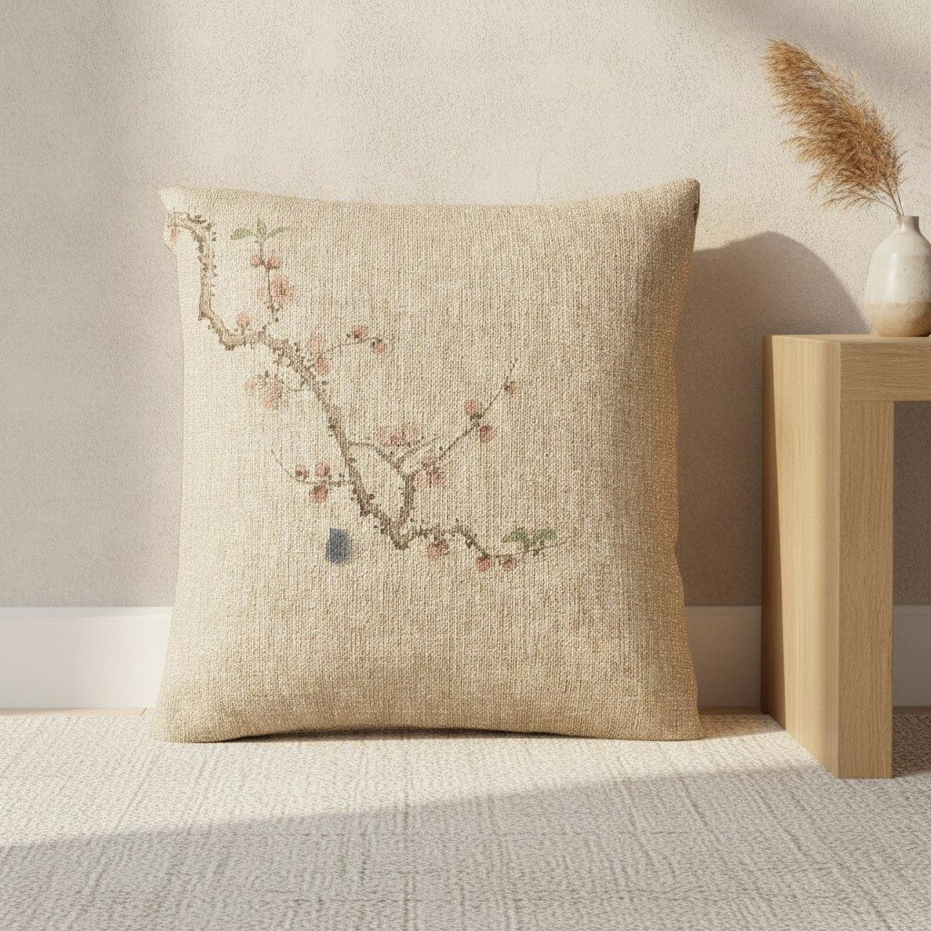 Plum Blossom Woven Cushion, Natural Linen — styled 2
