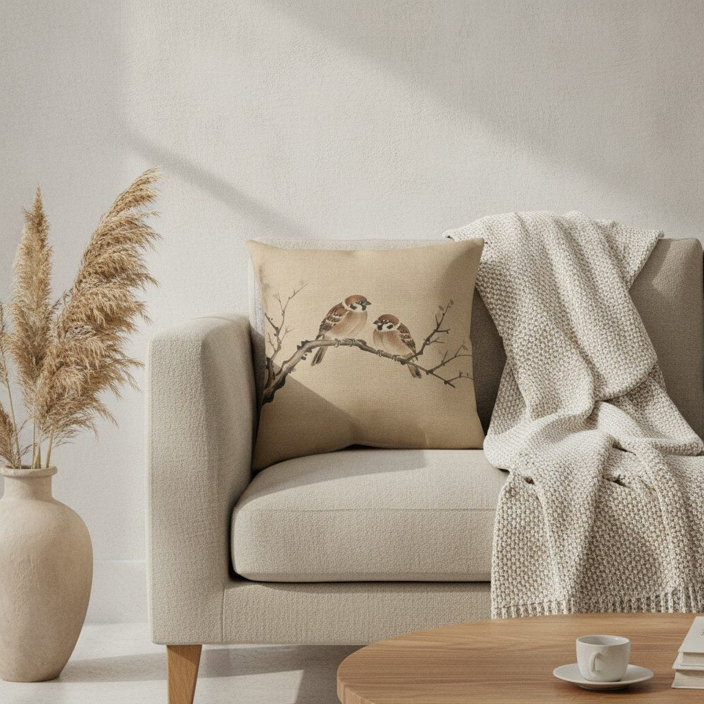 Sparrows Cushion, Natural Linen — styled 1